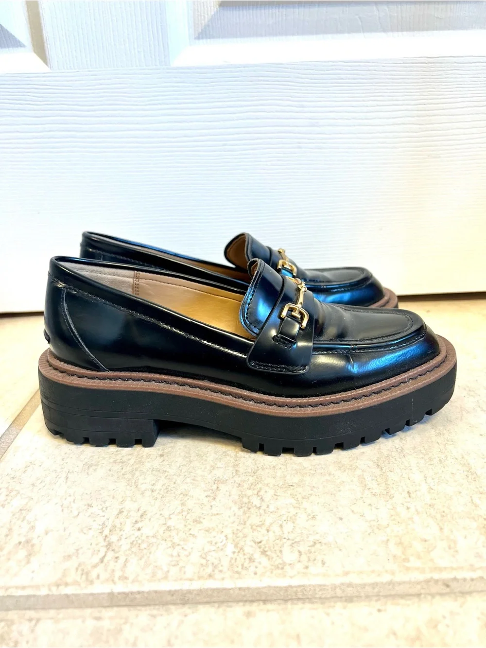 Sam Edelman 5M Penny Black Patent Platform Loafers Gold Bit chunky sole classic